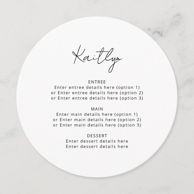 Minimalist Simple Guest Name Wedding Round Menu (Front)