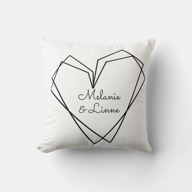 Minimalist Simple Heart Line Art Script Couples Throw Pillow (Front)