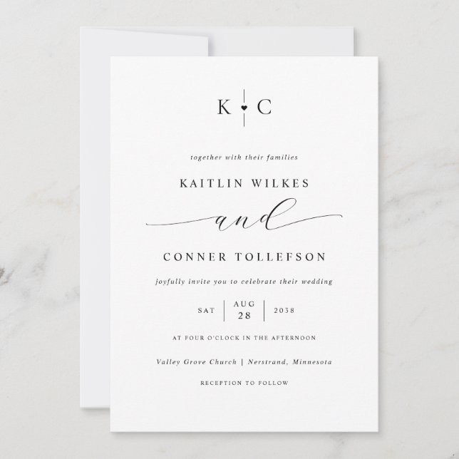 Minimalist Simple Heart Monogram Romantic Wedding Invitation (Front)