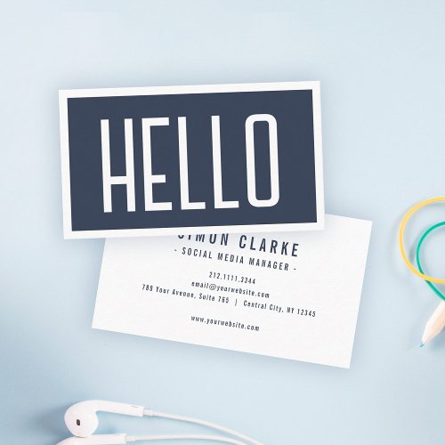 Minimalist Simple HELLO Bold Navy Professional Business Card