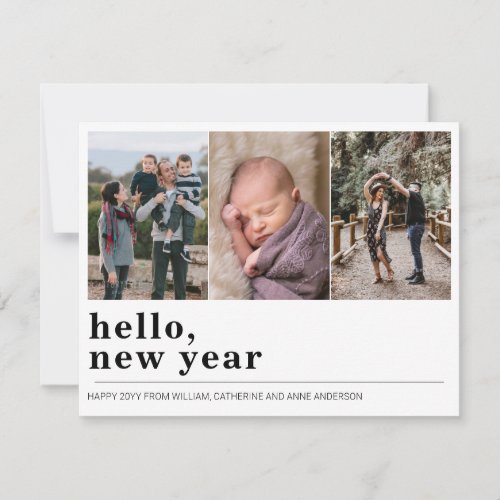 Minimalist Simple Hello Happy New Year 3 Photo Holiday Card