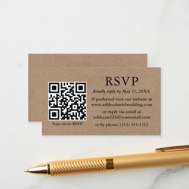 Minimalist Simple Kraft Wedding QR RSVP Enclosure Card (Front/Back In Situ)