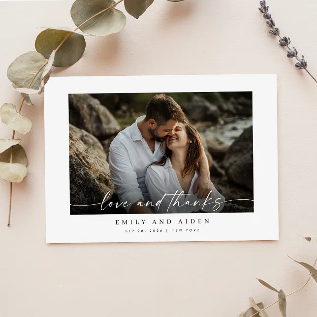 Minimalist Simple Love and Thanks Wedding Photo Thank You Card | Zazzle