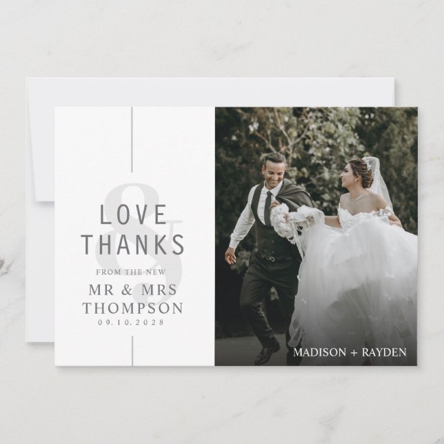 Minimalist Simple Love & Thanks with Photo Wedding Thank You Card (Front)