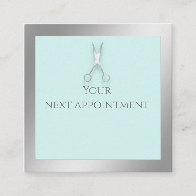 Minimalist simple luxury silver foil scissors appointment card (Front)