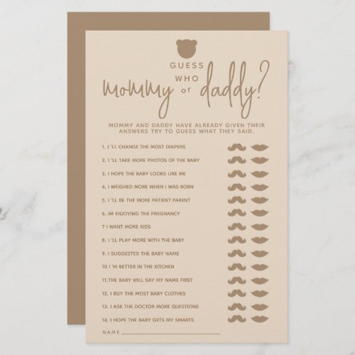 Minimalist simple modern bear Baby Shower Game 