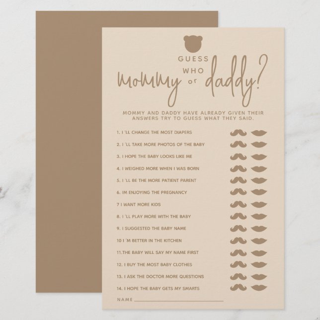 Minimalist simple modern bear Baby Shower Game  (Front/Back)