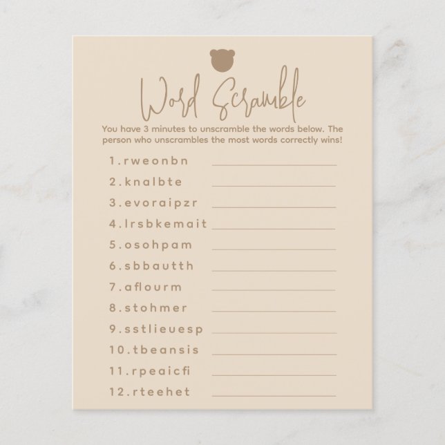 Minimalist simple modern bear Baby Shower Game (Front)