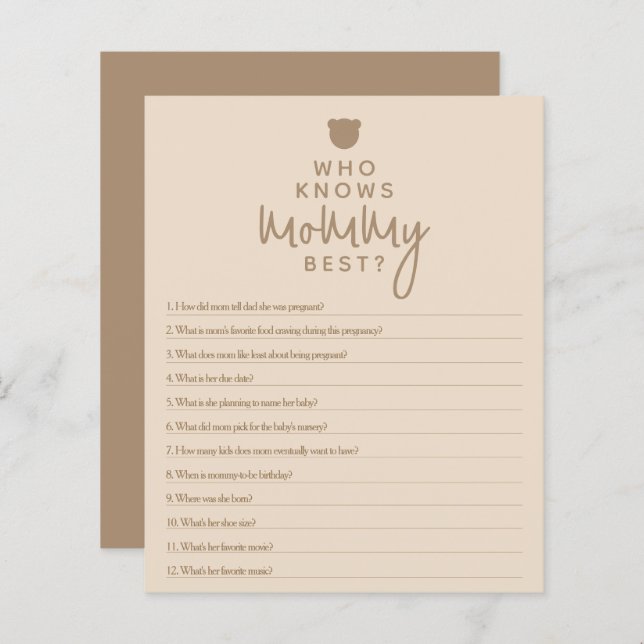 Minimalist simple modern bear Baby Shower Game  (Front/Back)