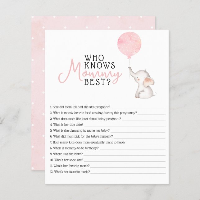 Minimalist simple modern elephant Baby Shower Game (Front/Back)