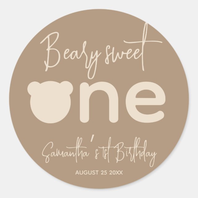 Minimalist simple modern little bear 1st Birthday Classic Round Sticker (Front)