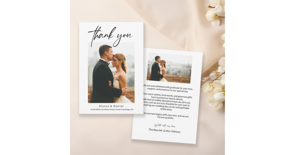 Minimalist Simple Modern Script wedding photos Thank You Card | Zazzle