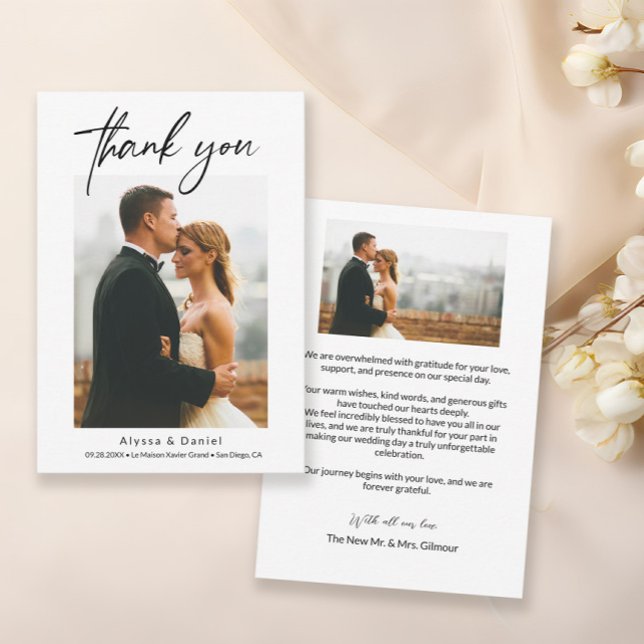 Minimalist Simple Modern Script wedding photos Thank You Card (Timeless, chic, simple wedding photo thank you card front and back. )