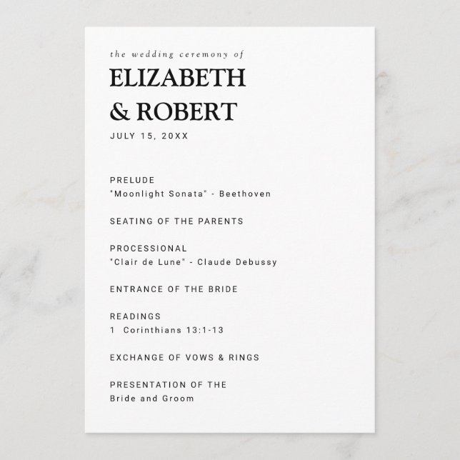 Minimalist Simple Modern wedding Ceremony Black Program (Front)