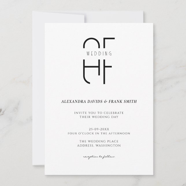 Minimalist simple monogram modern white wedding invitation (Front)