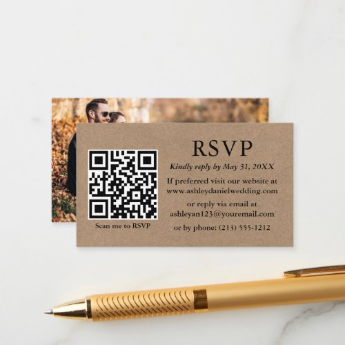 Minimalist Simple Photo Kraft Wedding QR RSVP Enclosure Card
