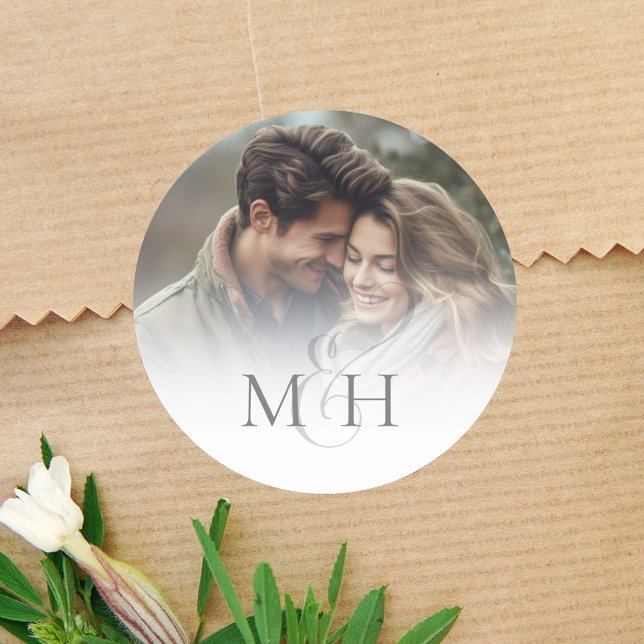 Minimalist Simple Photo Wedding Monogram Ampersand Classic Round Sticker (Simple elegant monogram photo wedding sticker. )
