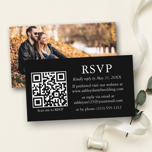 Minimalist Simple Photo Wedding QR Black RSVP Enclosure Card
