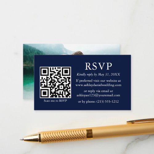 Minimalist Simple Photo Wedding QR Blue RSVP Enclosure Card