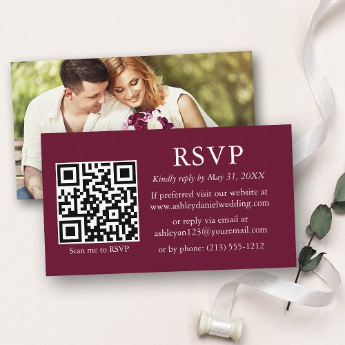 Minimalist Simple Photo Wedding QR Burgundy RSVP Enclosure Card
