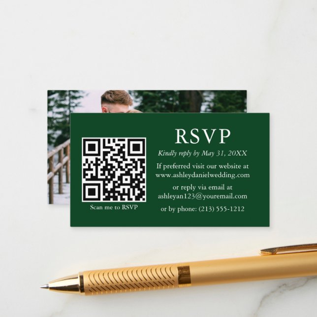 Minimalist Simple Photo Wedding QR Green RSVP Enclosure Card (Front/Back In Situ)