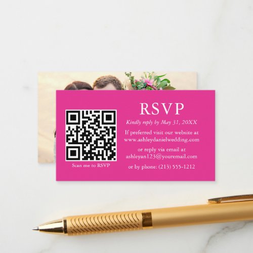 Minimalist Simple Photo Wedding QR Hot Pink RSVP Enclosure Card