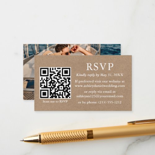 Minimalist Simple Photo Wedding QR Kraft RSVP Enclosure Card