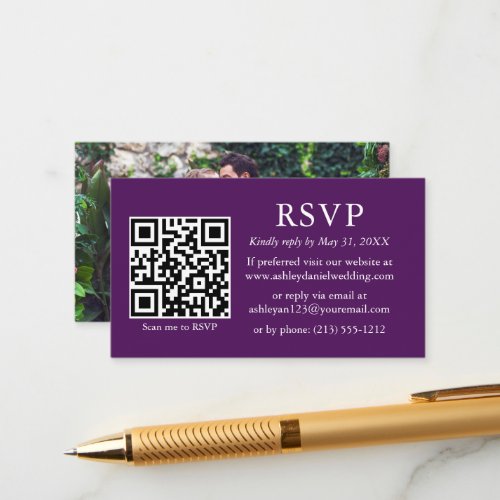 Minimalist Simple Photo Wedding QR Purple RSVP Enclosure Card