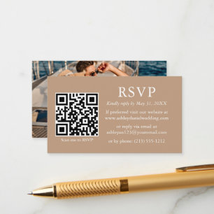 Minimalist Simple Photo Wedding QR Taupe RSVP Enclosure Card