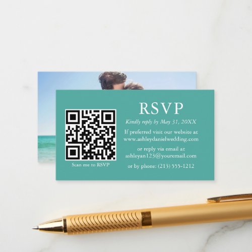 Minimalist Simple Photo Wedding QR Teal RSVP Enclosure Card