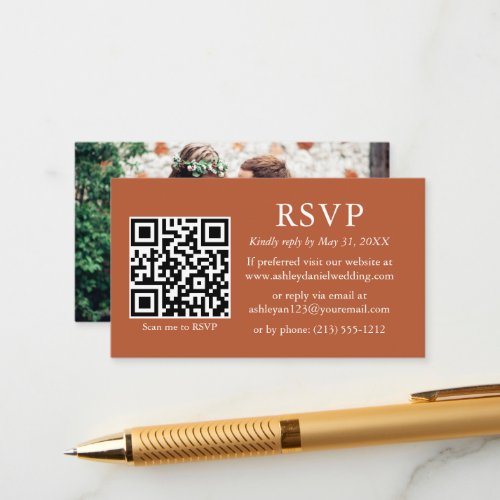 Minimalist Simple Photo Wedding QR Terracotta RSVP Enclosure Card