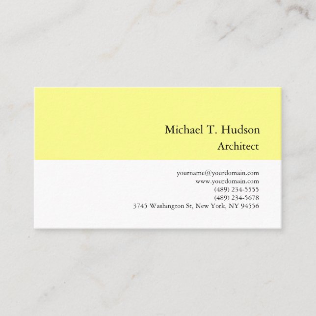 Minimalist Simple Plain Architect Yellow White Business Card (Front)