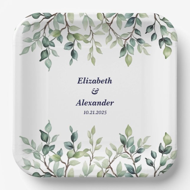 Minimalist Simple Pretty leaves branches wedding Paper Plates (Front)