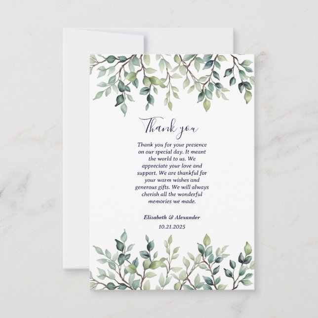 Minimalist Simple Pretty leaves branches wedding Thank You Card (Front)