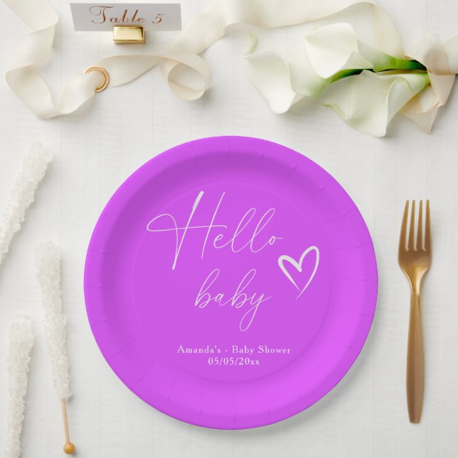 Minimalist Simple Purple Hello Baby Paper Plates (Wedding)