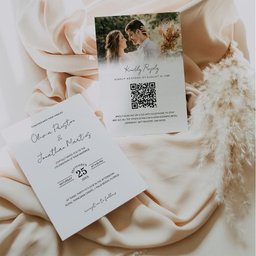 Minimalist Simple QR Code RSVP Wedding Photo Invitation