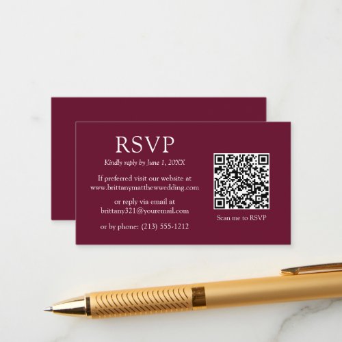 Minimalist Simple QR Code Wedding Burgundy RSVP  Enclosure Card