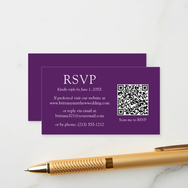 Minimalist Simple QR Code Wedding Purple RSVP  Enclosure Card (Front/Back In Situ)
