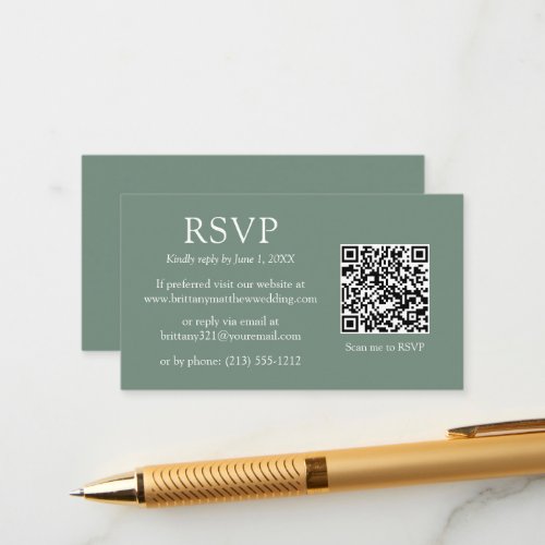 Minimalist Simple QR Code Wedding Sage Green RSVP  Enclosure Card