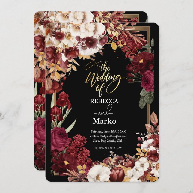 Minimalist Simple Red Rose,Gold Frame invitation  (Front/Back)