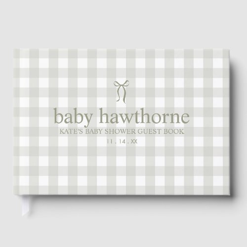 Minimalist Simple Sage Green Gingham Baby Shower Guest Book