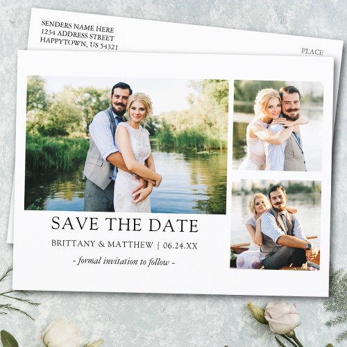 Minimalist Simple Save the Date Couple 3 Photo Postcard