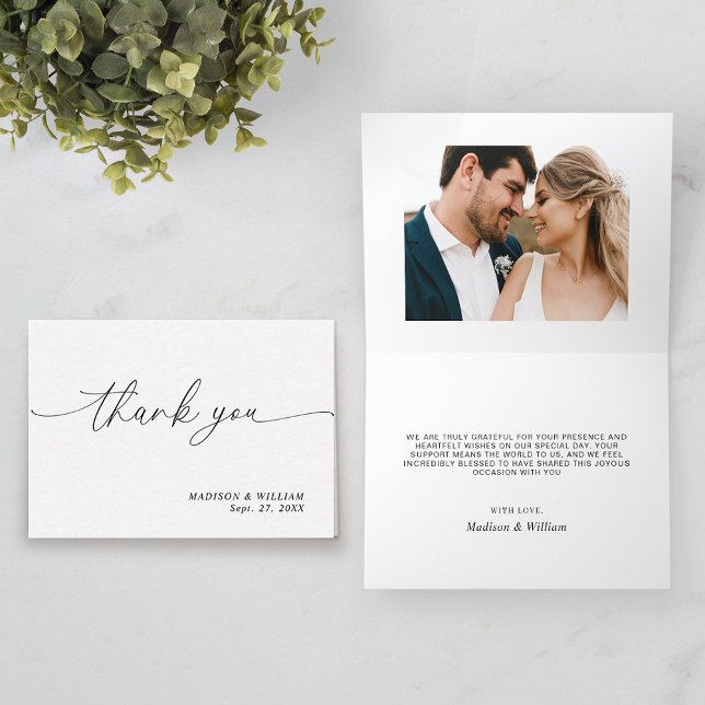 Minimalist Simple Script Photo Wedding Letterpress Thank You Card (Creator Uploaded)