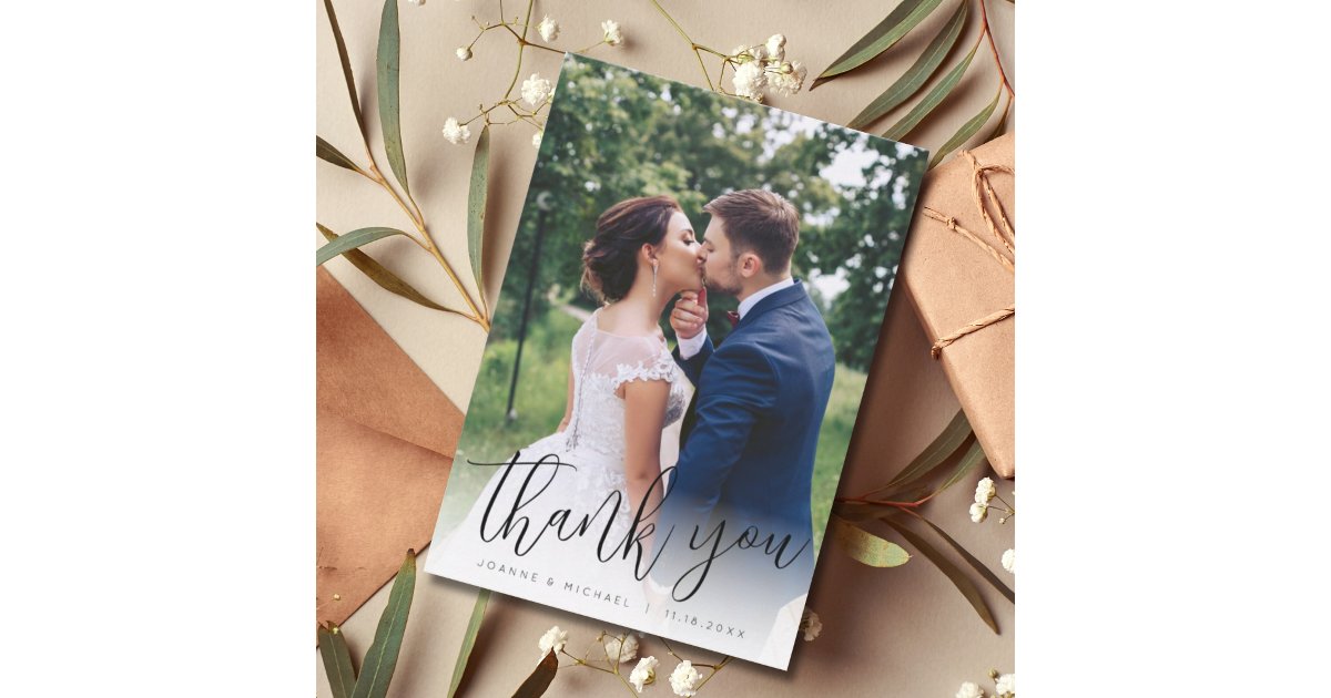 Minimalist Simple Script Photo Wedding Thank You Card | Zazzle