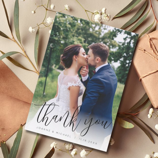 Minimalist Simple Script Photo Wedding Thank You Card (Creator Uploaded)