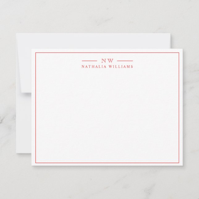 Minimalist Simple Script Red with Border Monogram Note Card (Front)