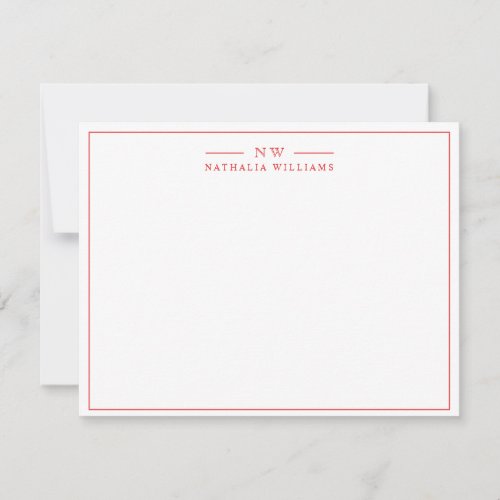 Minimalist Simple Script Red with Border Monogram Note Card