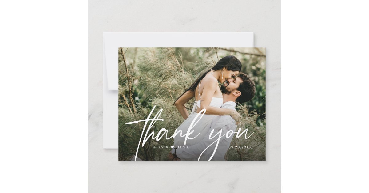 Minimalist simple Script wedding photo Heart Thank You Card | Zazzle