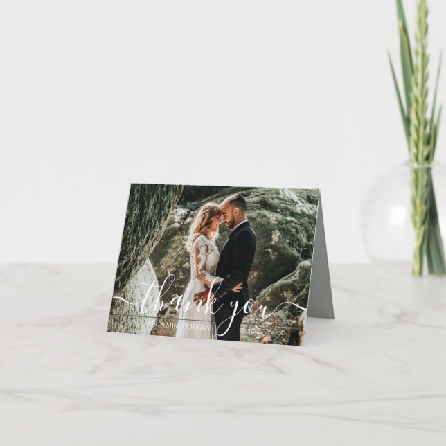 Minimalist Simple Script wedding photo Letterpress Thank You Card (Front)