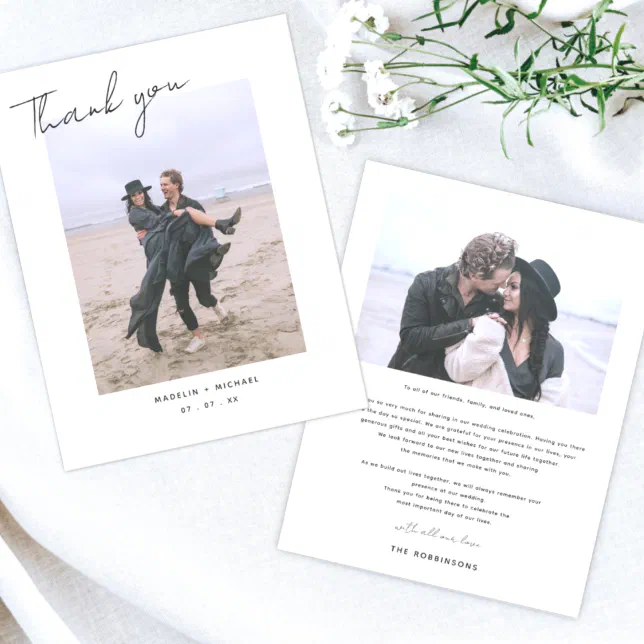 Minimalist Simple Script Wedding Photo Thank You Card | Zazzle
